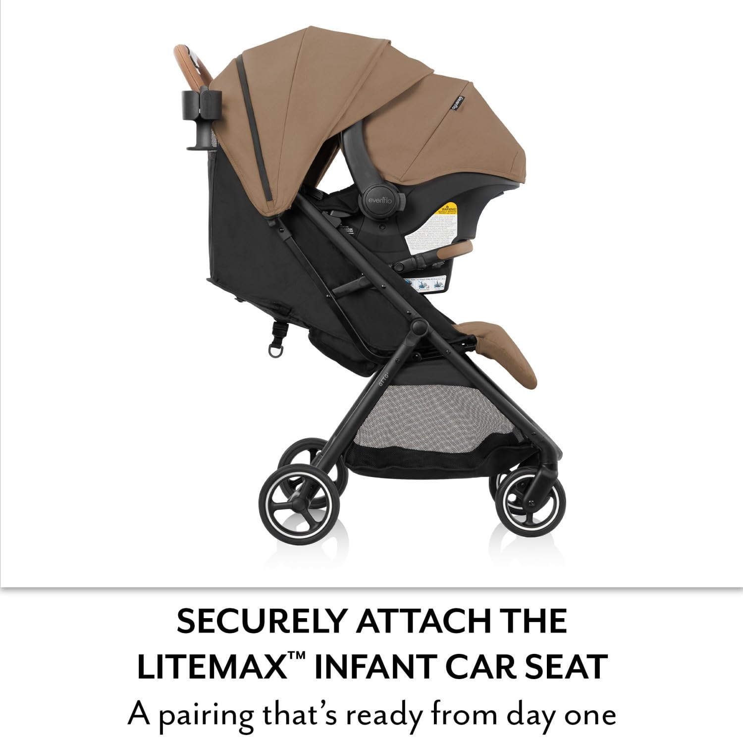 image:imageEvenflo Otto Travel System wLiteMax Infant Car Seat Light Weight One Hand Gravity Fold Chia BlackCaramel Tan